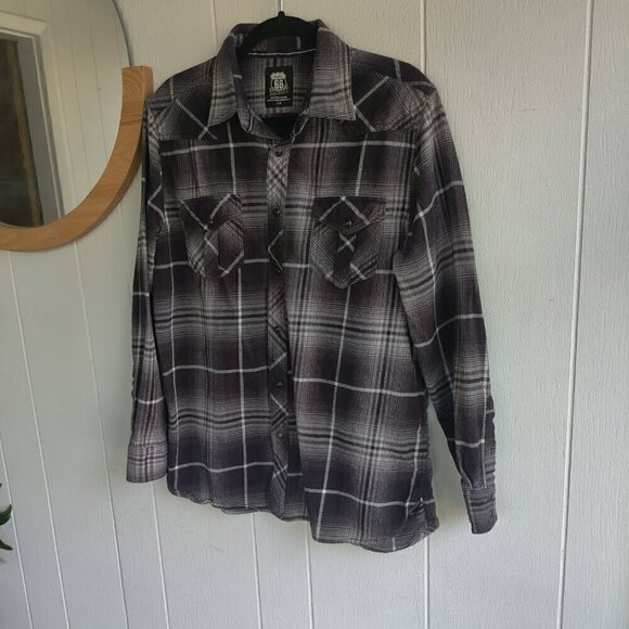 Route 66 Cotton Flannel Shirt, Black and White Plaid Colorway. Snap Buttons SZ L - Picture 7 of 7